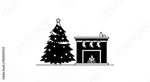 A festive Christmas tree stands beside a fireplace with stockings and a fire