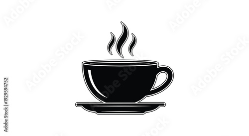 A minimalist depiction of a steaming coffee cup and saucer rendered in a striking black silhouette high quality professional