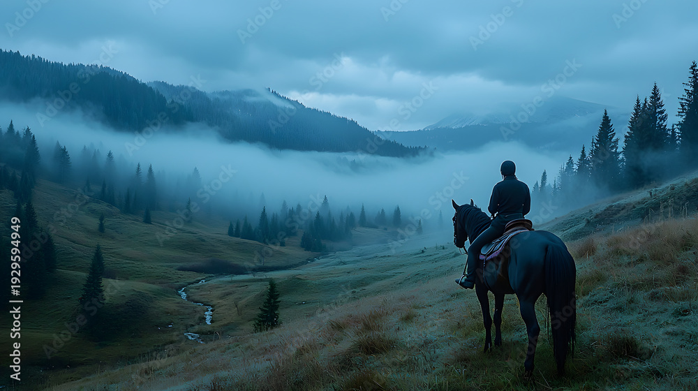 Fototapeta premium Serene rider training horse in foggy mountain valley. lone person on horseback enjoys quiet moody landscape