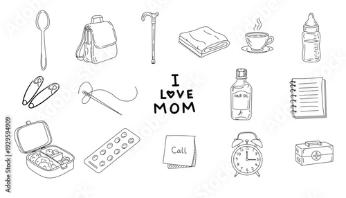 Set of 15 Mother's Day and everyday mom life hand drown doodle icons vector