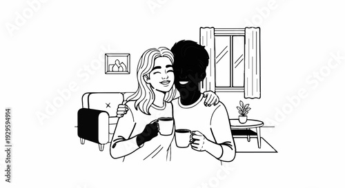 A couple shares a warm embrace and coffee in a cozy living room setting