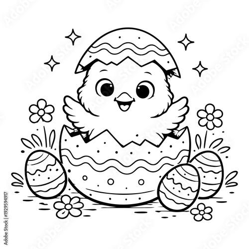chick hatching from decorated easter egg smiling with wings raised spring vector illustration isolated on white background line art design for greeting card, children apparel, party decoration