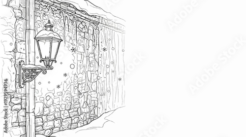 Snowing at night with an old lamp on a stone wall