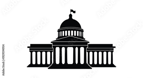 A striking black silhouette of a classical capitol building with a prominent dome and flag showcasing architectural detail silhouette