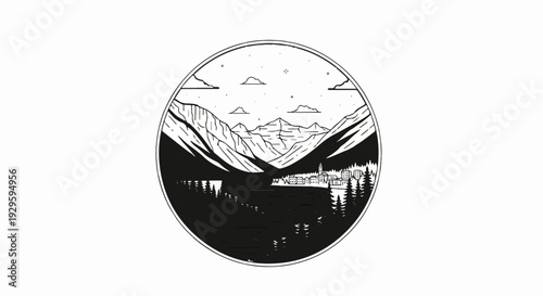 Black and white circular emblem depicting a mountain village by a serene lake at dusk