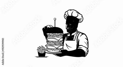 Chef presenting a towering multi-layered burger with a side of fries