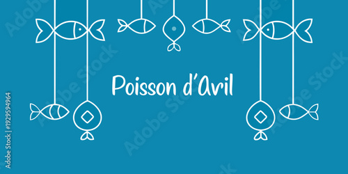 Stylized illustration of white fish designs and french april fool s text