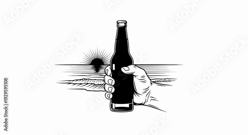 Hand holding a dark bottle against a sunset over wavy ocean