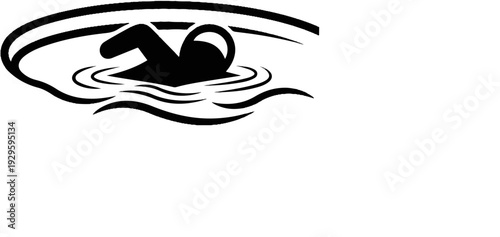 Stylized black silhouette of a swimmer in a pool with abstract waves