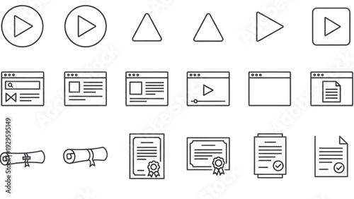 Minimalist online course and e-learning interface line art icon collection