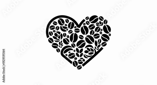 Heart shape formed by coffee beans and leaves, black on white