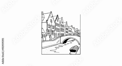 Sketch of old European town with canal, bridge, and rowboat