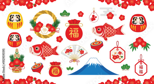 Japanese New Year traditional decoration set with lucky symbols daruma fish and festive cultural elements