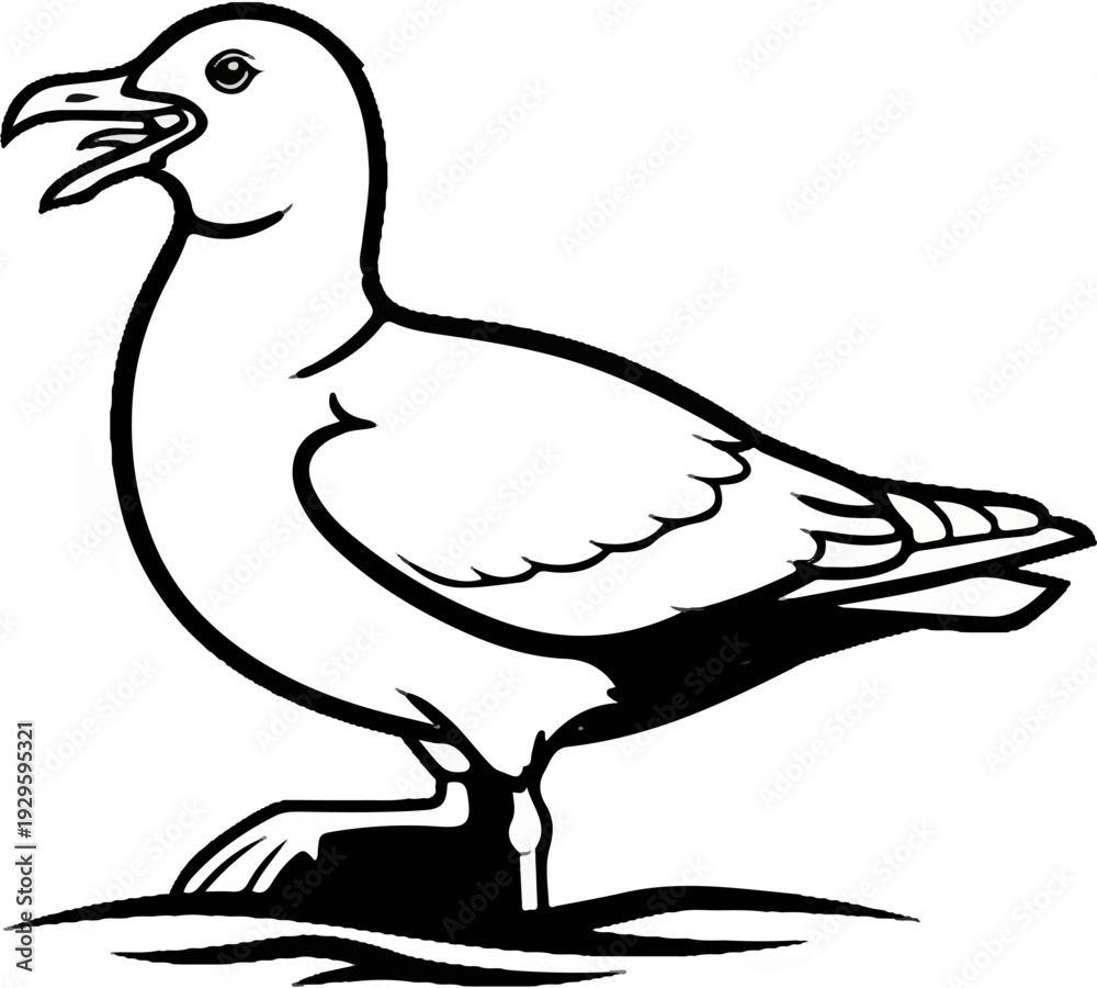 Obraz premium Line drawing of a seabird with open beak standing on wavy ground
