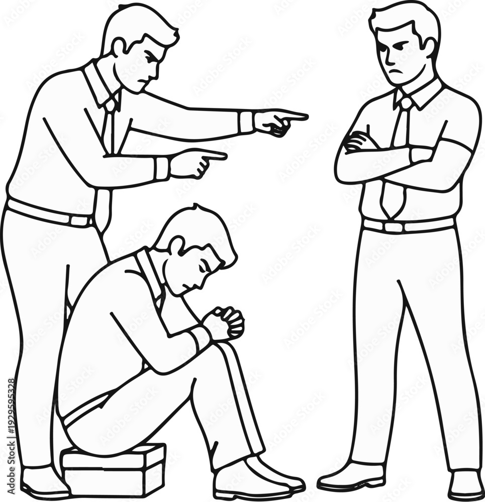 Fototapeta premium Three men, one sitting, two standing and pointing accusingly