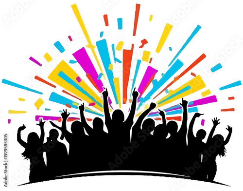 Silhouetted crowd celebrating with colorful explosions of confetti and light beams