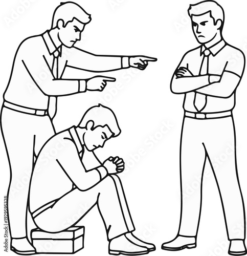 Three men, one sitting, two standing and pointing accusingly