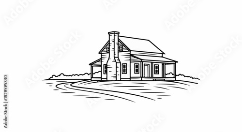 A classic wooden house with a large chimney sits on a grassy hill beside a winding path