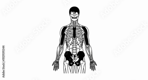 Anatomical illustration of a human skeleton and musculature, with highlighted areas