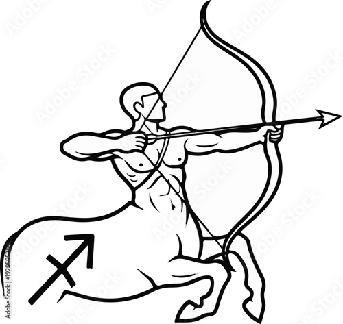 Outline of a mythical centaur aiming a bow and arrow, featuring zodiac symbol