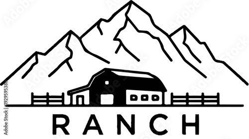 A minimalist graphic of a barn with mountains and fences, with the word 'RANCH' below