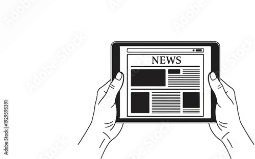 Two hands holding a tablet displaying the word "NEWS" and various news articles