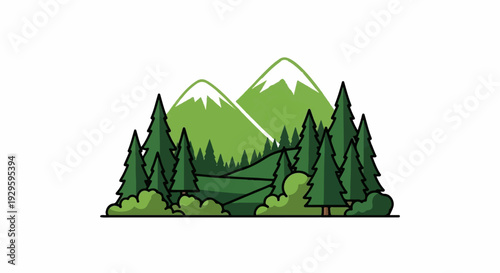 Stylized depiction of evergreen trees and rolling hills before snow-capped mountains
