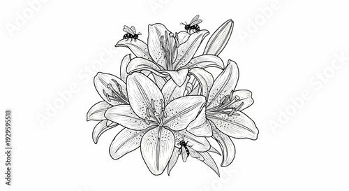 Delicate lily blossoms adorned with tiny bees, rendered in a classic black and white sketch style