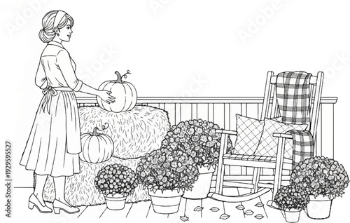 Woman arranges pumpkins and fall decor on a porch with a rocking chair