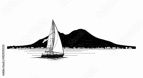 A solitary sailboat glides across calm waters toward a silhouetted coastal town and volcano