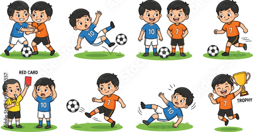 soccer, football, kids, children, sports, cartoon, game, match, referee, trophy, player, action, dynamic, illustration, vector, soccer kids, f