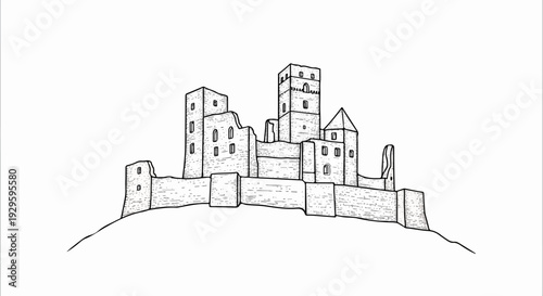 Black and white illustration of a medieval stone castle atop a grassy hill