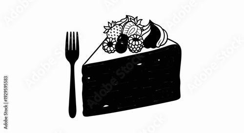 A slice of dark cake with whipped cream and berries, next to a fork