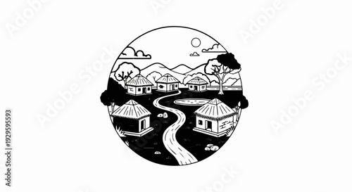 Rustic village with thatched homes and a winding road beneath a sun and clouds