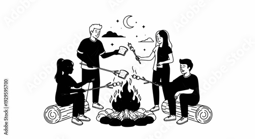 Four friends gather around a campfire at night to toast marshmallows and bread
