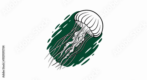 Simple illustration of a translucent jellyfish with long tentacles, set against a dark green, abstract background