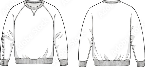 A clean line art sketch displays the front and back of a white raglan sleeve sweatshirt