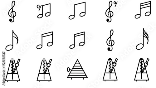 Collection of minimalist music education and notation line art icons