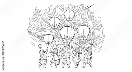 Children's joyous wishes ascend skyward with glowing lanterns, a whimsical scene