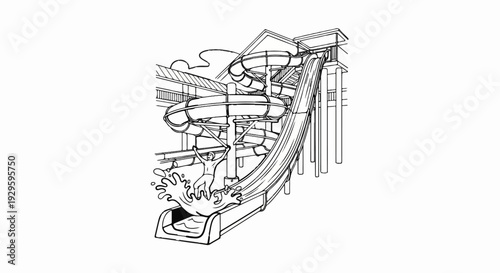 A person plunges down a winding water slide, creating a splash