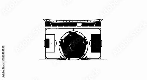 Black and white illustration of a soccer stadium with a large ball on the field