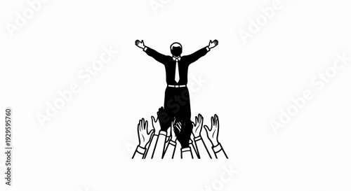 A silhouetted man in a suit is lifted up by many hands in a crowd