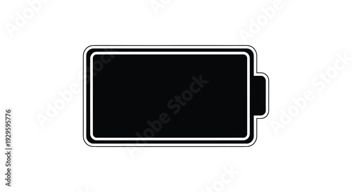 A stark black battery icon is displayed against a white background representing power levels and technology silhouette high quality
