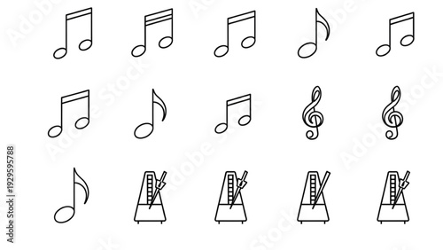 Collection of minimalist music education and notation line art icons