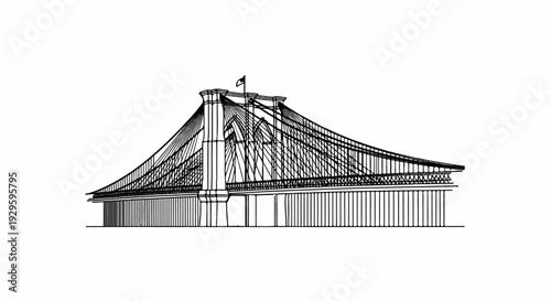 A detailed line drawing showcases a grand suspension bridge with ornate towers and a flag