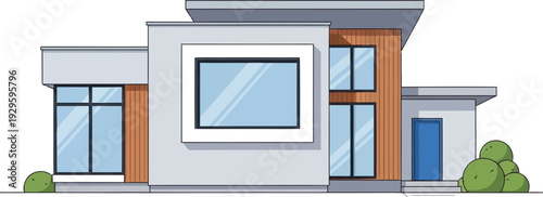 Modern architectural illustration of a sleek minimalist two story residential house featuring a flat roof large rectangular windows with blue glass wood paneling accents