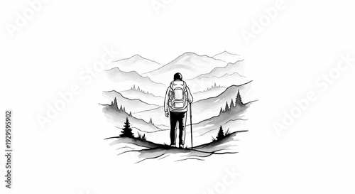 Backpacker gazes at layered misty mountains and evergreen trees