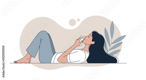 Woman relaxing on floor holding face mask to her face, serene indoor environment, peaceful atmosphere, digital illustration, wellness scene