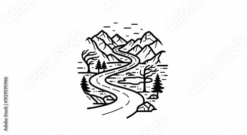Winding road through mountains and sparse trees with water features