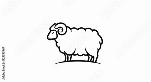 Minimalist line art drawing of a fluffy sheep with curved horns standing on a grassy hill